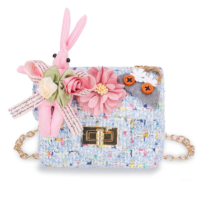 Cute Kids Floral Tweed Shoulder Crossbody Bags Pearl Flower Decor Chic Clutch Bag Mini Chain Purse