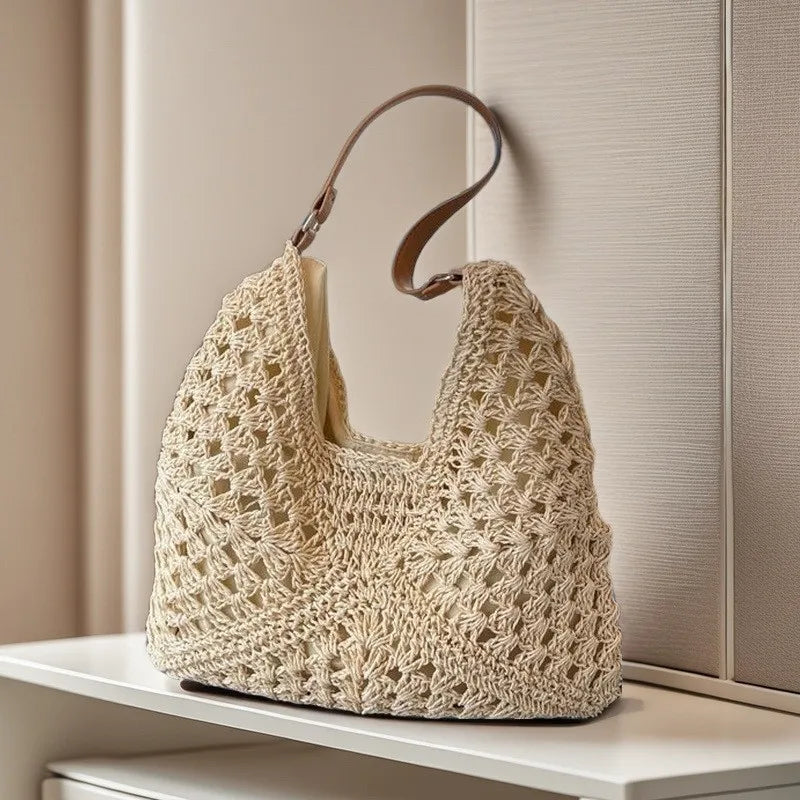 Crochet Straw Tote Bag for Women – Boho Woven Shoulder Handbag