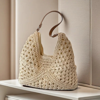 Crochet Straw Tote Bag for Women – Boho Woven Shoulder Handbag
