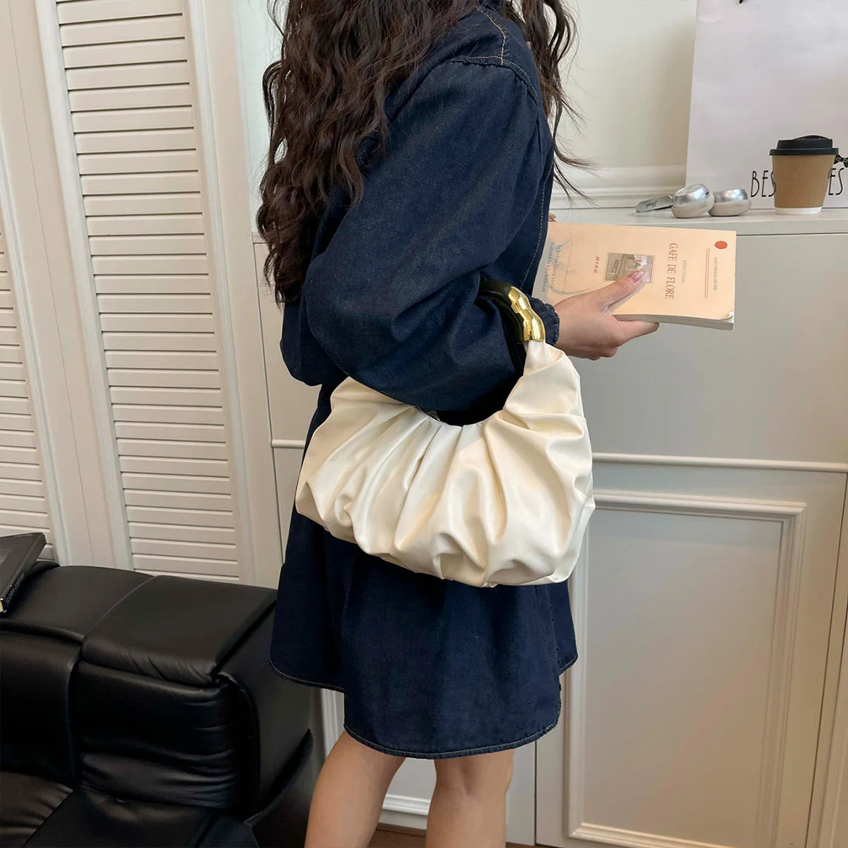 Elegant Glamorous Women Dinner Bag Solid Color Cloud Wrinkled Soft Pu Leather Handbag Prom Banquet