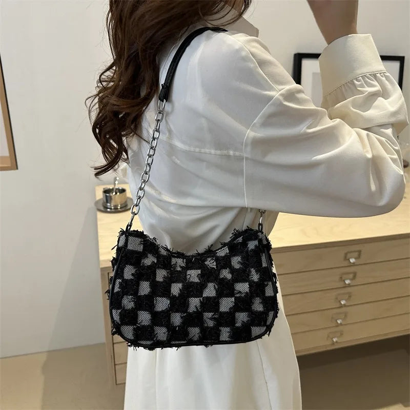 Checkered Denim Shoulder Bag – Y2K Chain Strap Hobo