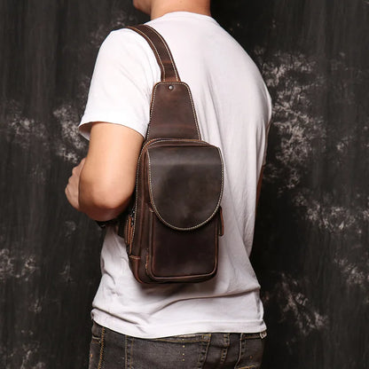 Men S Casual Genuine Leather Chest Bag Crazy Horse Leather Crossbody Large-Capacity Single-Shoulder