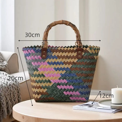 Handwoven Straw Tote Bags Multi Size Natural Woven Basket Bag Handbag Bamboo Handles Women Bohemian
