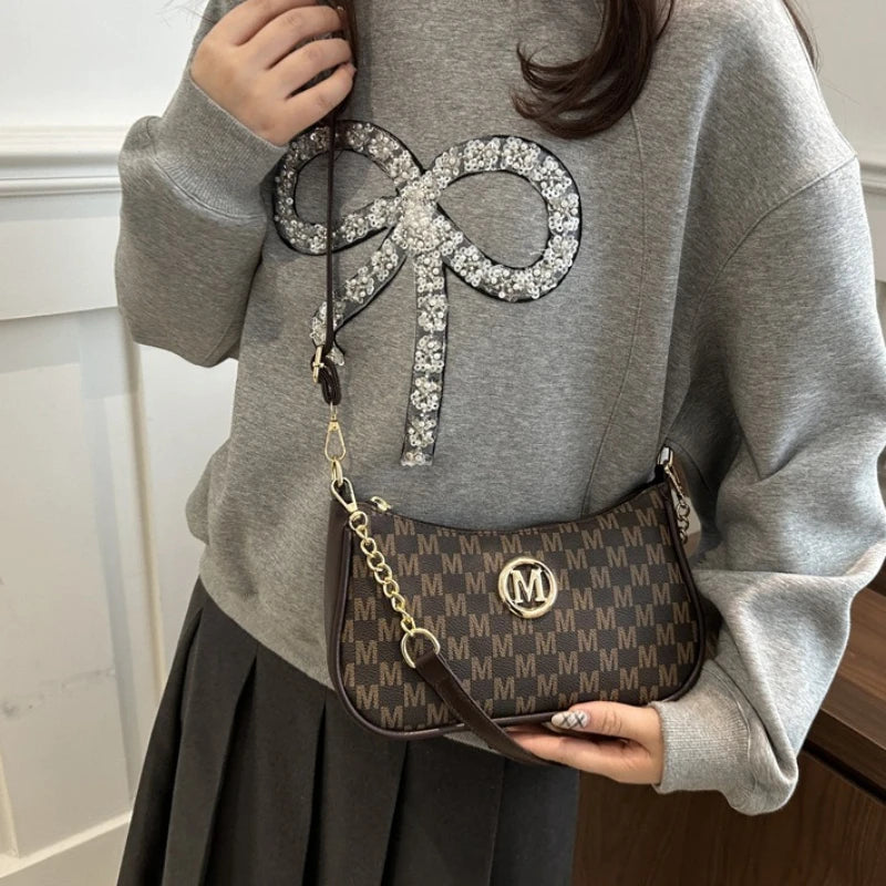 Chic Monogram Print Beige Shoulder Bag Small Crossbody Handbag Gold Chain Accent Woman Everyday