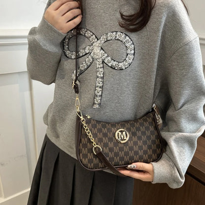 Chic Monogram Print Beige Shoulder Bag Small Crossbody Handbag Gold Chain Accent Woman Everyday