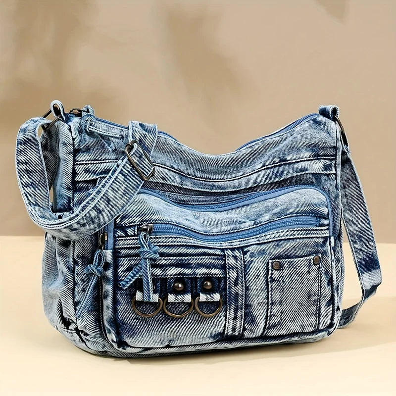 Denim Shoulder Bag for Women – Vintage Washed Multi-Pocket Crossbody