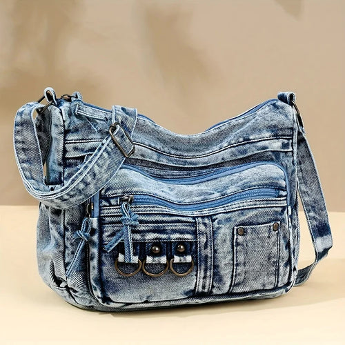 Denim Shoulder Bag for Women – Vintage Washed Multi-Pocket Crossbody