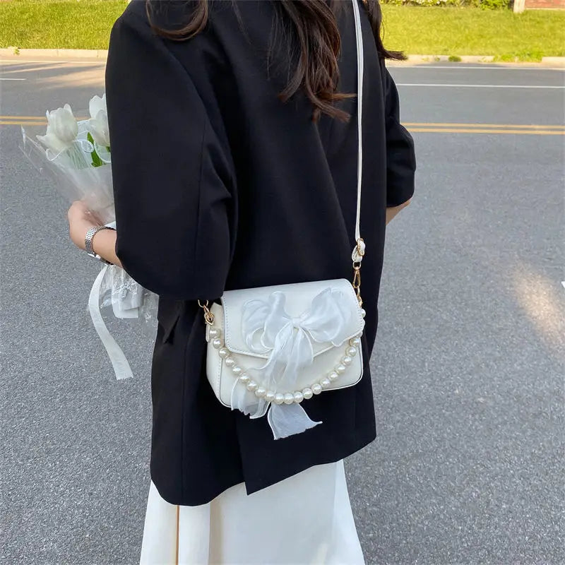 Pearl Lace Bow Collocation Pu Leather Small Tote Bag Women Daily Use Handbag Shoulder Cross Body