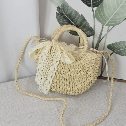 Straw Crossbody Bag with Lace Bow – Women's Summer Beach Purse