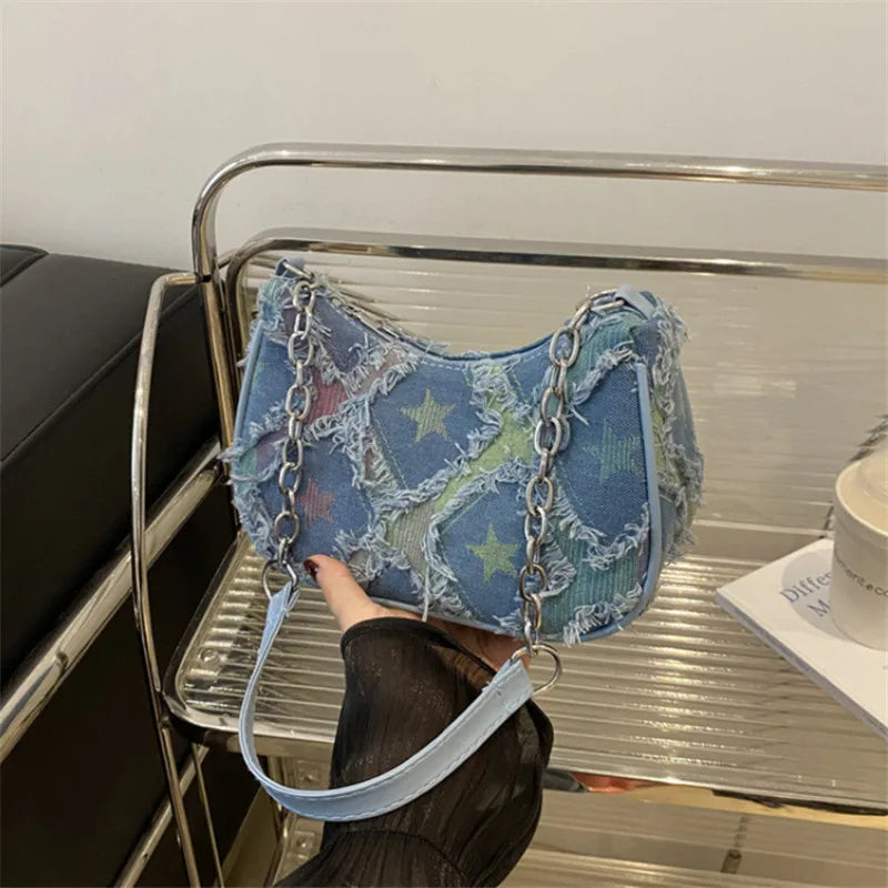 Denim Checkered Shoulder Bag for Women – Chain Strap Hobo Handbag
