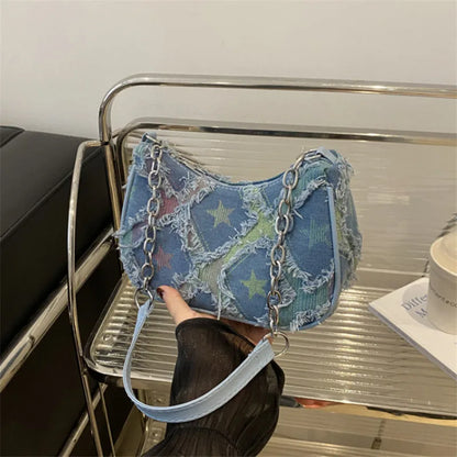 Denim Checkered Shoulder Bag for Women – Chain Strap Hobo Handbag