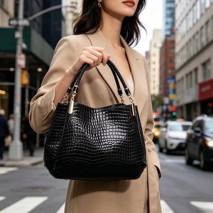 Embossed Leather Tote Bag – Large Capacity Handbag with Gold Hardware