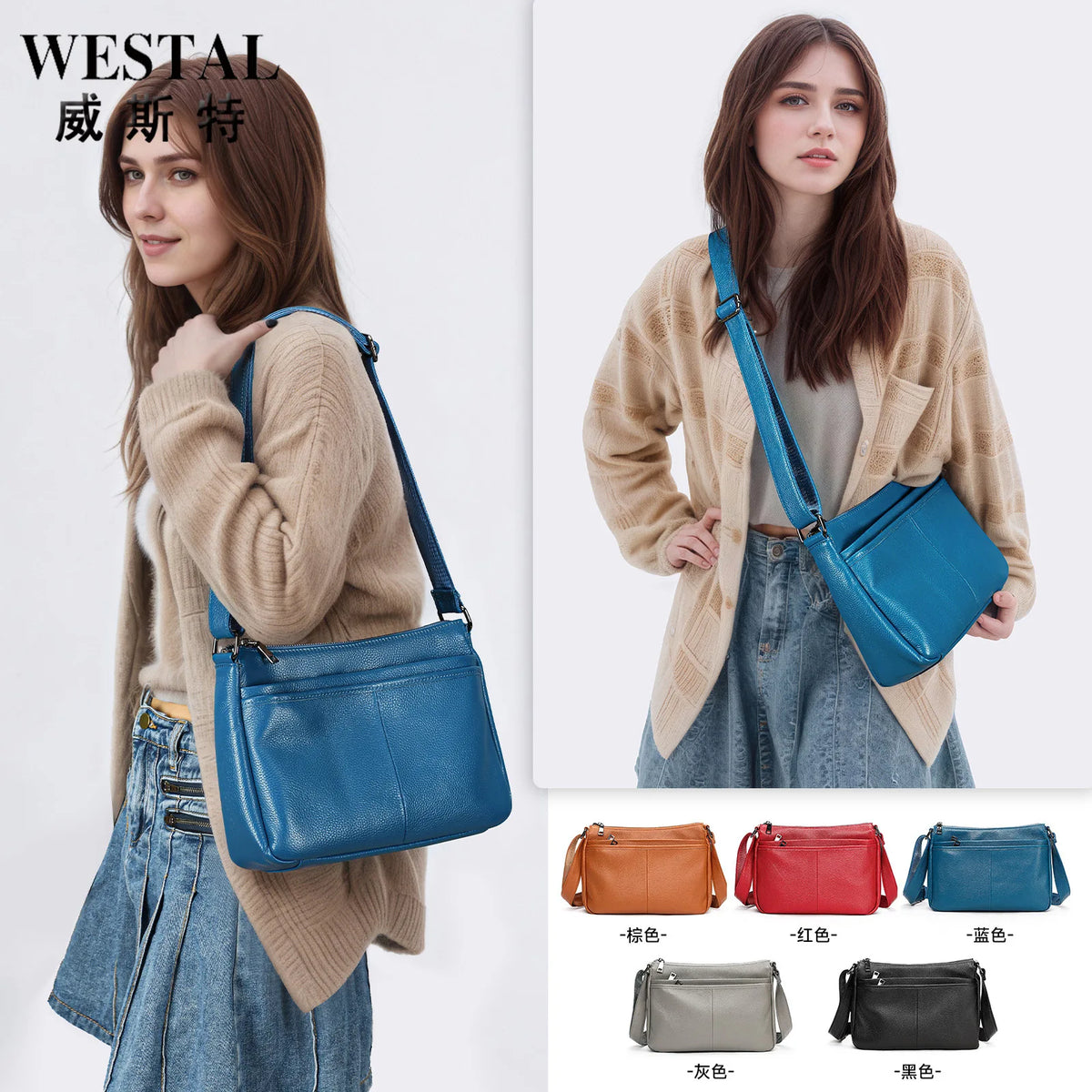 Women S Leather Shoulder Bag Large Capacity Soft Multi-Layer Multi-Function Diagonal Span - Soft