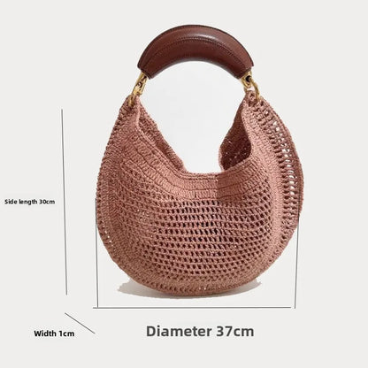 Popular Straw Crescent Bag Woven Tote Pu Leather Handle