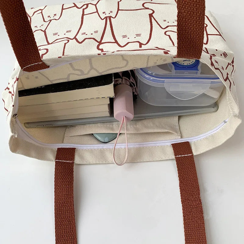 Thicken Canvas Bag Zipper Inner Tote Bag Cute Handbag Shoulder Large Capacity Women Shopping Bag