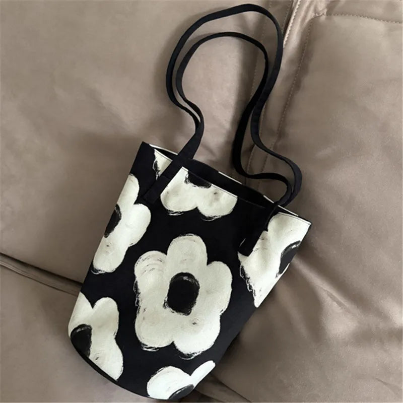Floral Canvas Bucket Tote Bag – 3D Embossed Print Women's Shoulder Bag