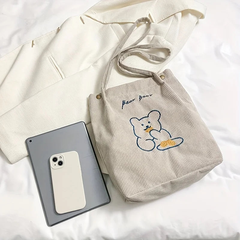 Women's Corduroy Tote Bag Cute Bear Embroidery Shoulder Bag