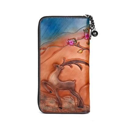 Retro Wallet Deer Head Holding Top Layer Cowhide Long Large-Capacity Mobile Phone Storage Zipper