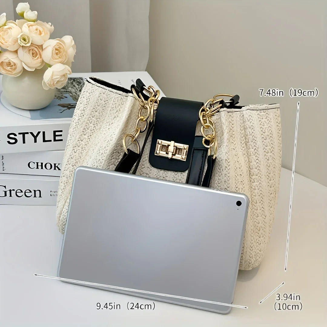 Straw Woven Tote Bag with Chain Leather Strap for Women