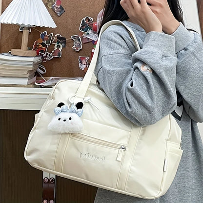 Large Capacity Tote Bag with Plush Charm & Multi Pockets