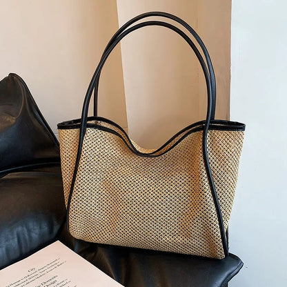 Women Summer Straw Woven Tote Bag Small Pouch Pu Trim Large Capacity Shoulder Handbags