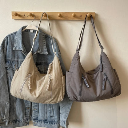 Large Capacity Crossbody Bag with Braided Zipper & Wide Strap