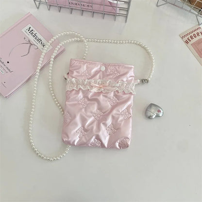 Satin Mini Phone Bag – Bow Embossed Pearl Chain Shoulder Purse