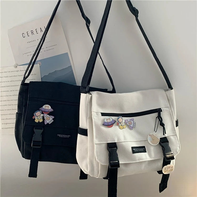 Harajuku Canvas Messenger Bag – Cute Badge Crossbody