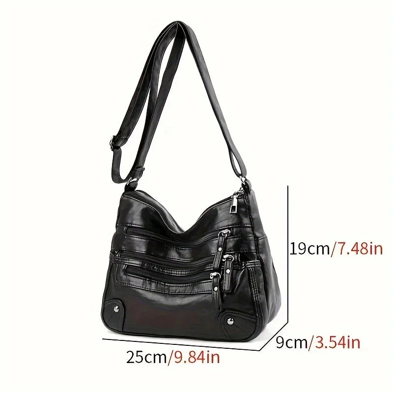 Soft Vegan Leather Crossbody Bag with Multi-Zipper Pockets