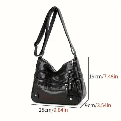 Soft Vegan Leather Crossbody Bag with Multi-Zipper Pockets