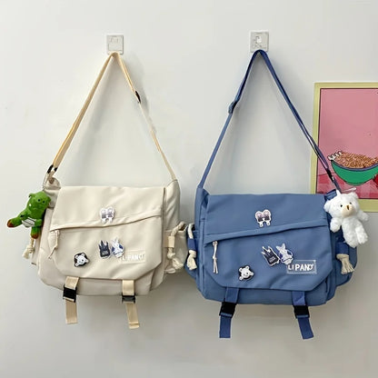 Kawaii Crossbody Messenger Bag with Badge Pins & Bear Pendant