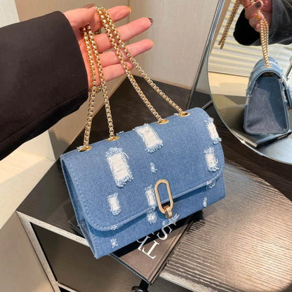 Distressed Denim Crossbody Bag with Gold Chain – Women's Small Square Shoulder Bag