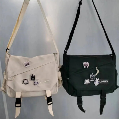 Large Nylon Crossbody Messenger Bag with Cute Pins – Harajuku Style