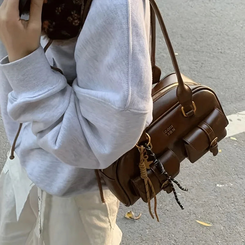 Multi-Pocket Shoulder Bag with Gold Hardware & Letter Detail