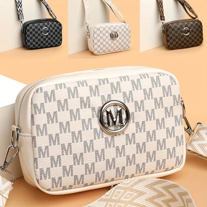 Women's PU Leather Crossbody Bag with M Logo Badge & Wide Strap