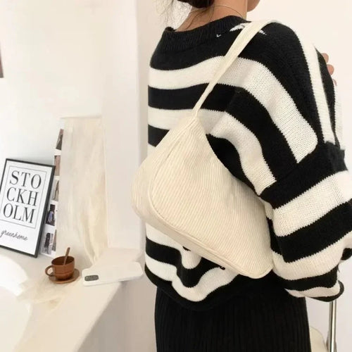 Minimalist Corduroy Versatile Bag Chain Accent Underarm Bag Zipper Closure Casual Shoulder Purse