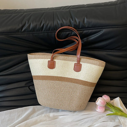 Vacation Beach Handbag Woven Stripe Pattern Women Tote Bag Large Capacity Versatile Shoulder Summer
