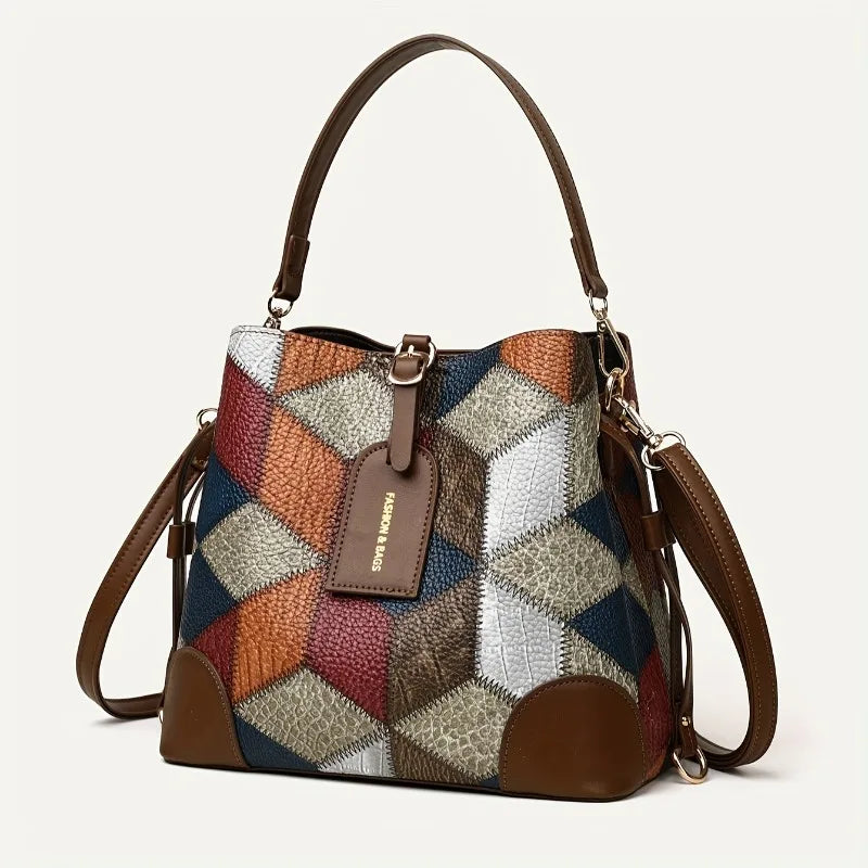 Patchwork Leather Bucket Bag – Women's Vintage Crossbody Handbag