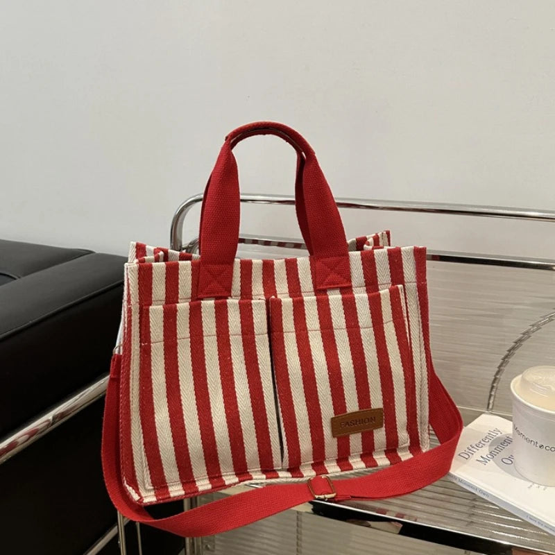 Striped Canvas Tote Bag – Lightweight Shoulder Bag for Work & Daily Use