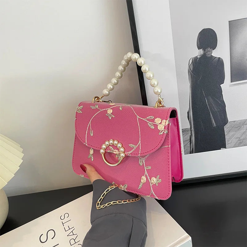 Pearl Chain Floral Embroidered Mini Shoulder Bag