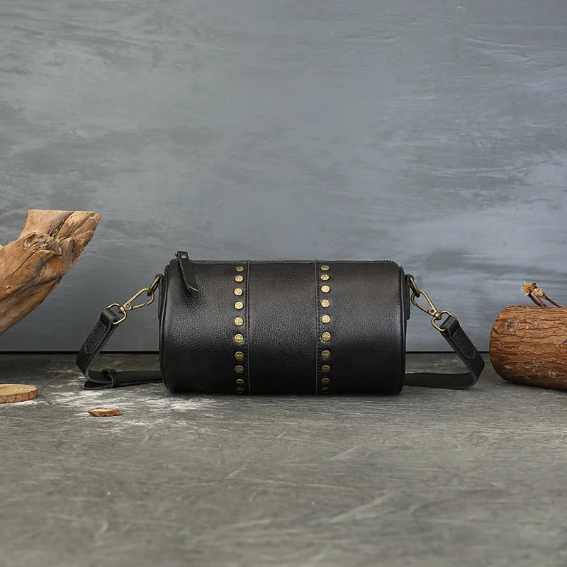 Genuine Rivet Cylinder Bag Vintage Vegetated Tanned Head Layer Cofskin One Shoulder Diagonal Span