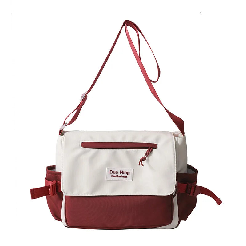 Small Fresh Canvas Color Blocked Postman Bag Large Capacity Campus Student Trendy Work Commuter