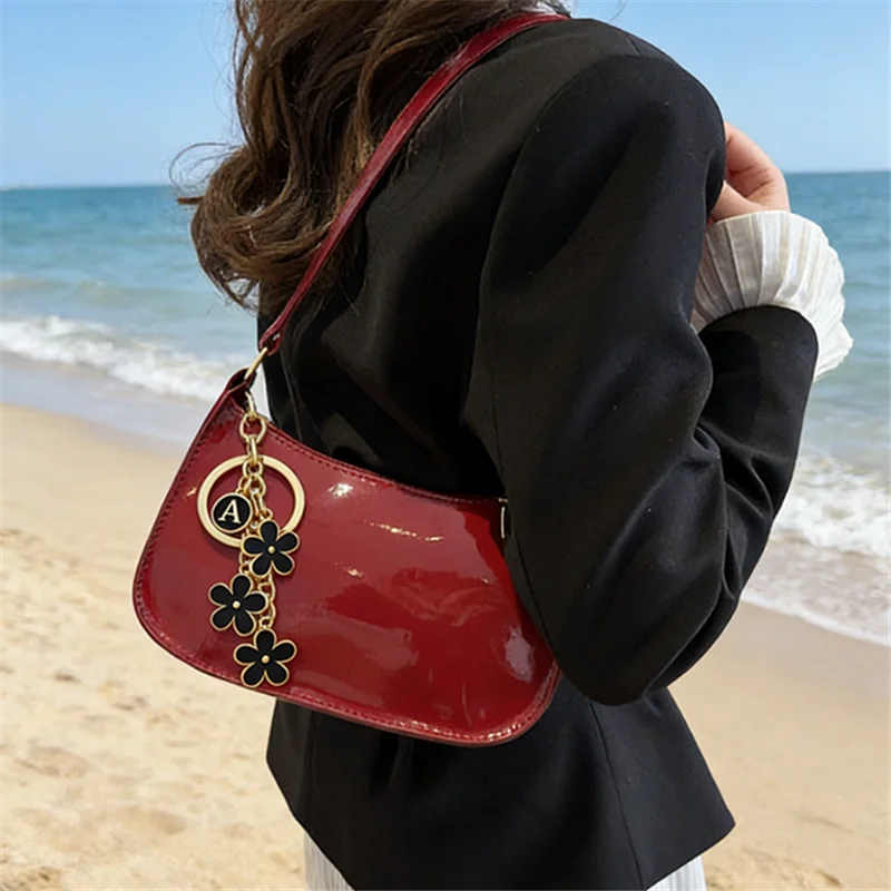 Glossy Patent Leather Shoulder Bag with Floral Keychain