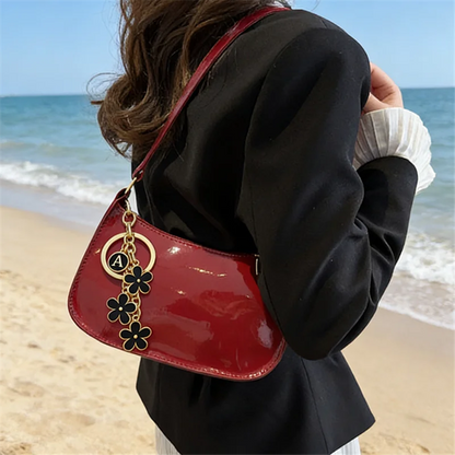Glossy Patent Leather Shoulder Bag with Floral Keychain