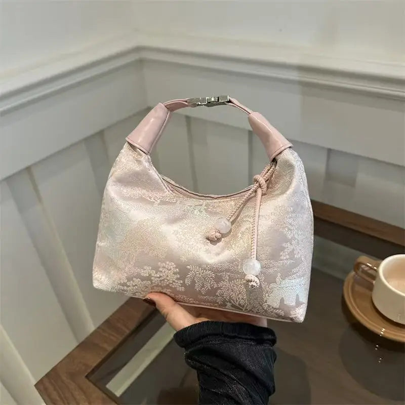 Satin Floral Shoulder Bag Chinese-Inspired Crossbody Handbag