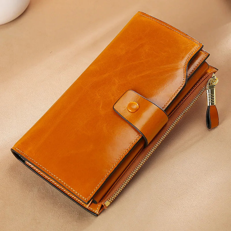 Genuine Leather Long Women S Wallet Rfid Anti-Theft Brush Multi-Slot Retro Oil Wax Hand-Held