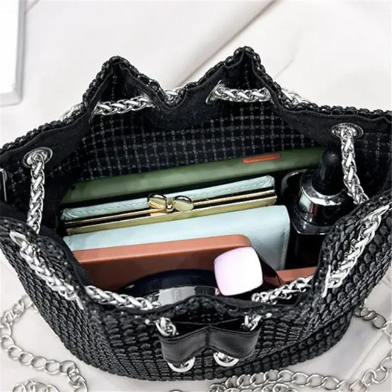 Rhinestone Drawstring Bucket Bag with Chain Strap
