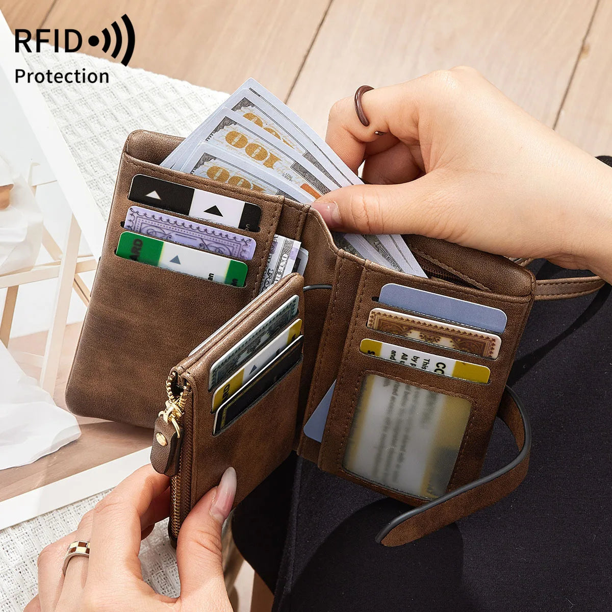 Rfid Ladies Purse Pu Soft Leather Three Fold Short Retro Zipper Clasp Pocket Change Collector - Soft