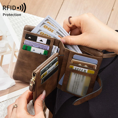 Rfid Ladies Purse Pu Soft Leather Three Fold Short Retro Zipper Clasp Pocket Change Collector - Soft