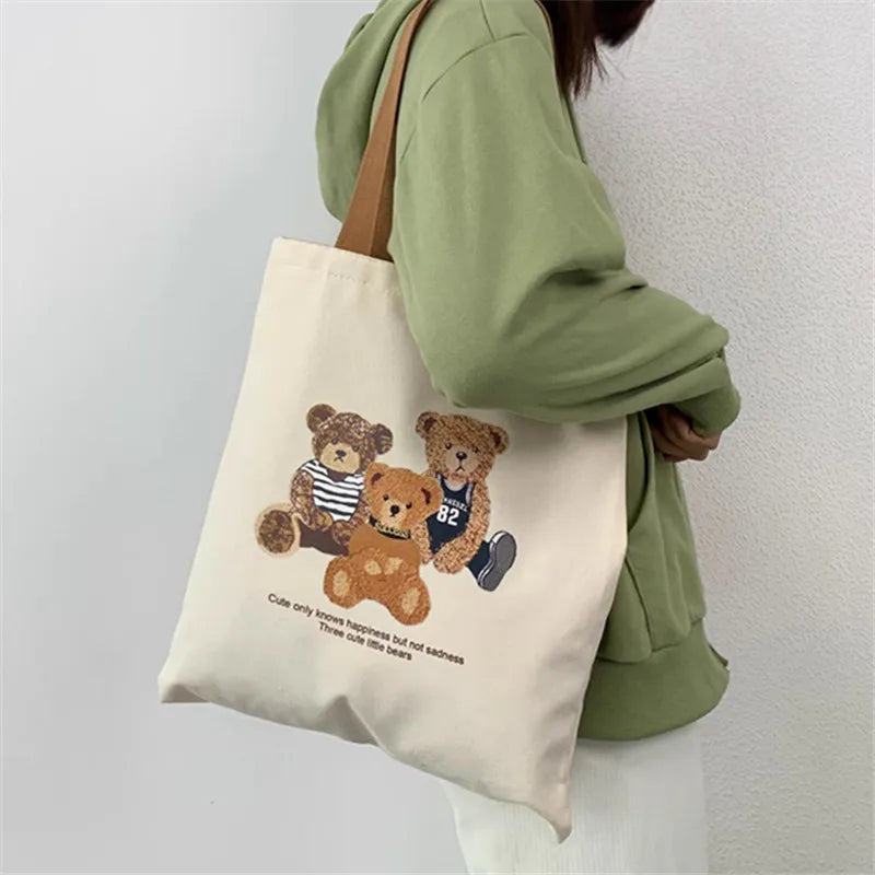 Bear Print Canvas Tote Bag – Large Capacity Shoulder Bag